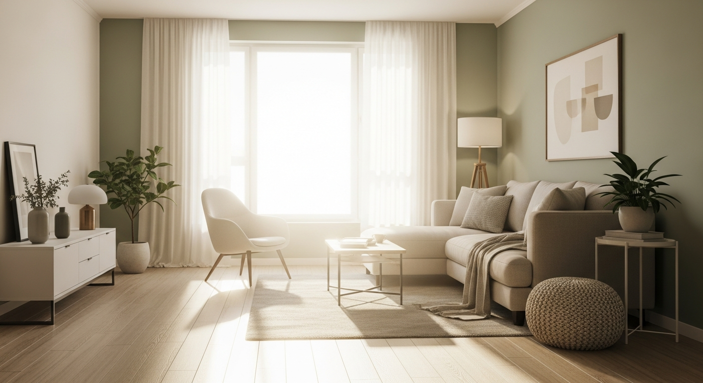 A quiet, sunlit living room in a private home