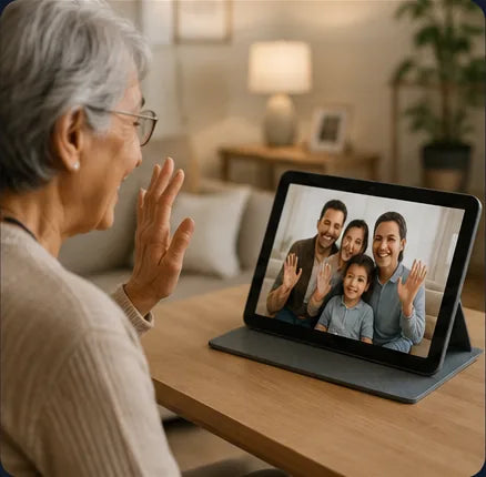 Older adult video-calling family, illustrating connection context