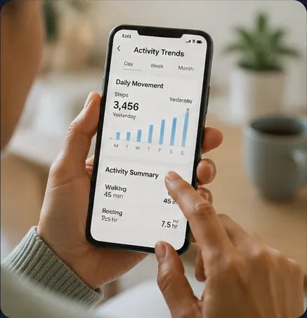 Person reviewing an illustrative activity-trends screen, representing movement and routine context