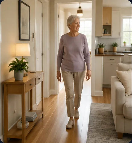 Older adult walking through a bright home, illustrating routine and environment context